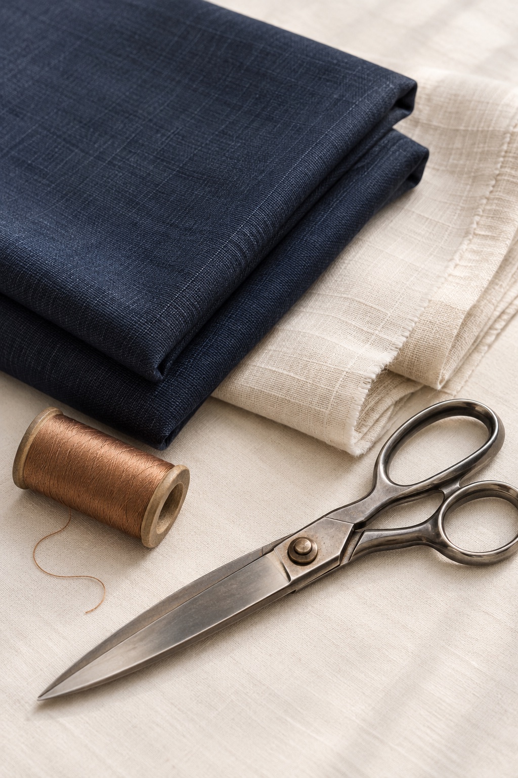 Illustrative still life of navy and ivory fabric, copper thread and tailoring scissors